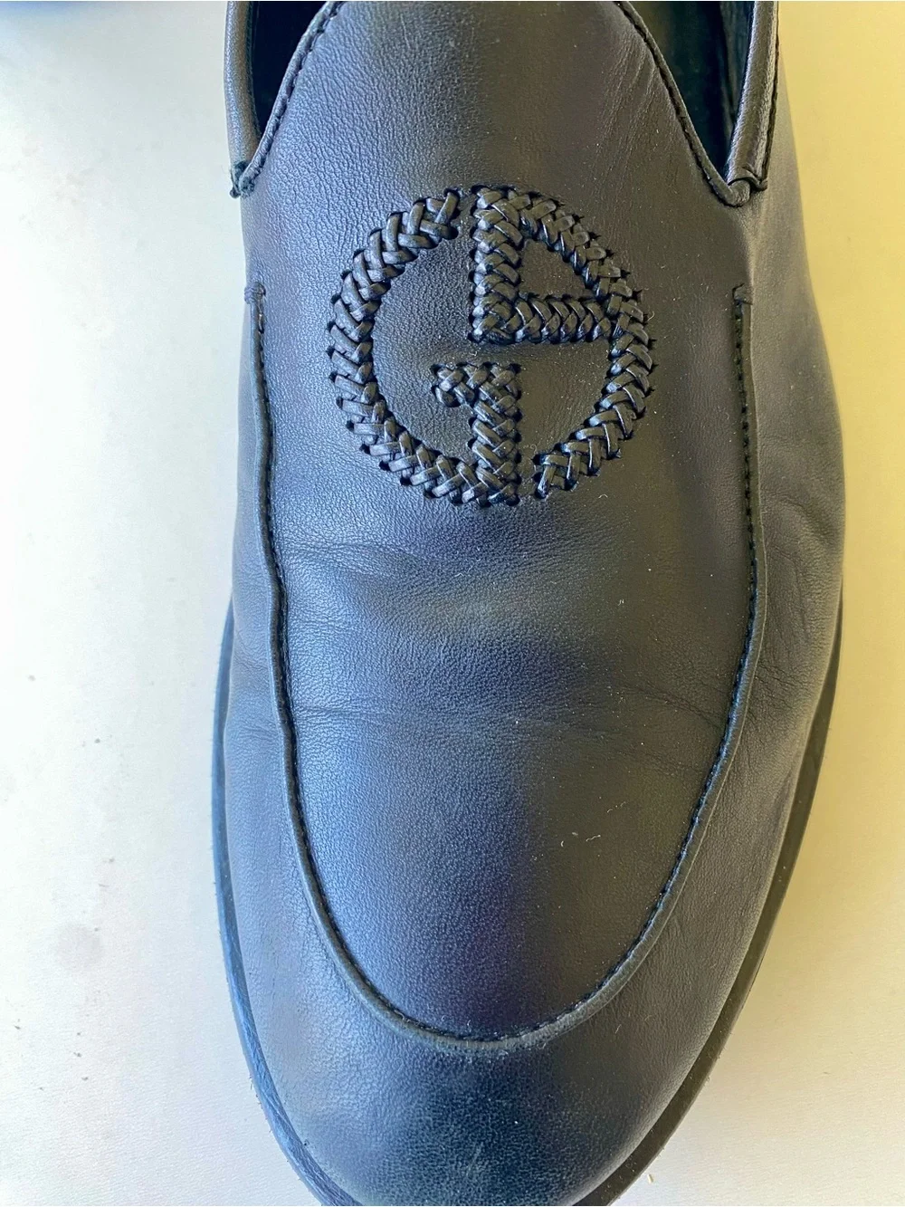 Giorgio Armani Black Braided Logo Leather Slip-Ons